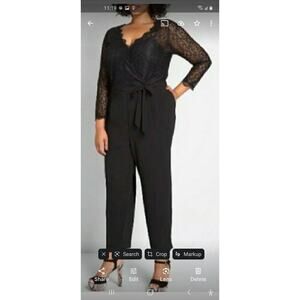 Modcloth Jumpsuit Black Lace Wrap Top Wide Leg Pocket Belt Elastic Waist Sz 2X